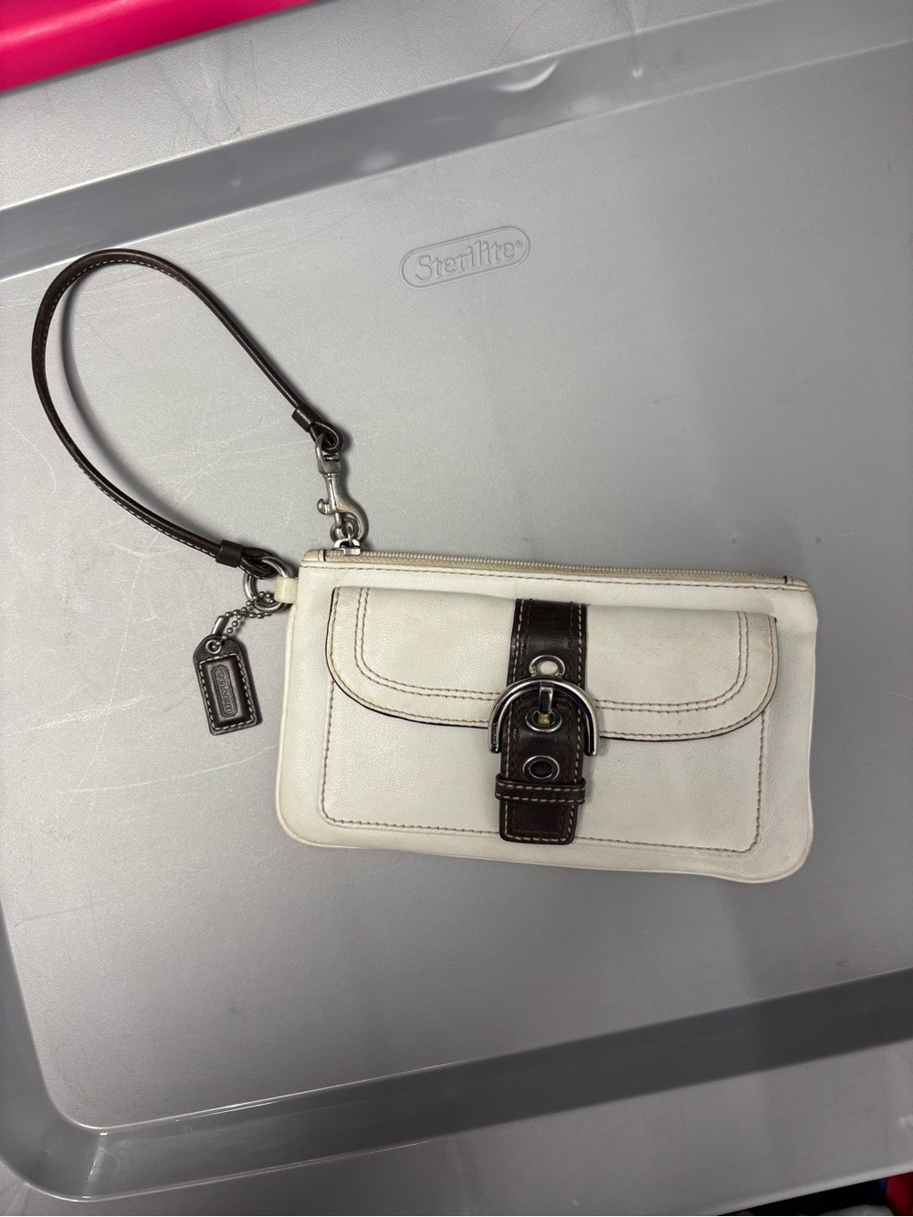 Coach White and Brown Leather Wristlet with SoHo Buckle